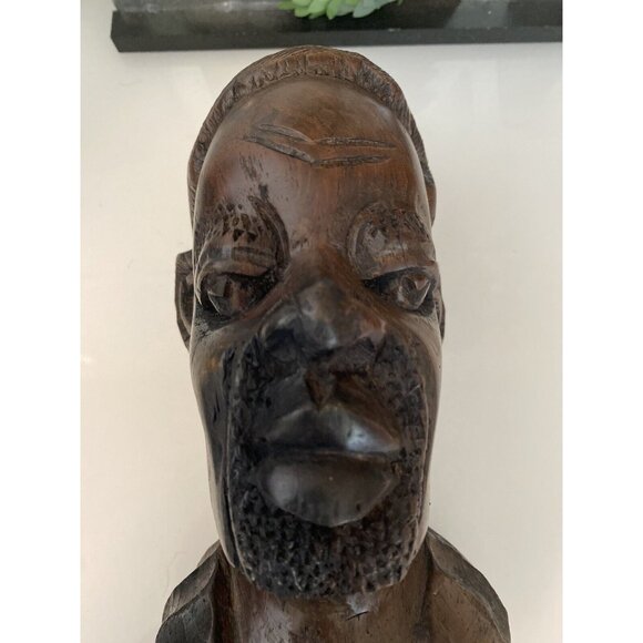 Vintage 1960s Tribal Man Hand Carved African Male Exotic Wood 8" Head Bust Stump - Picture 3 of 16